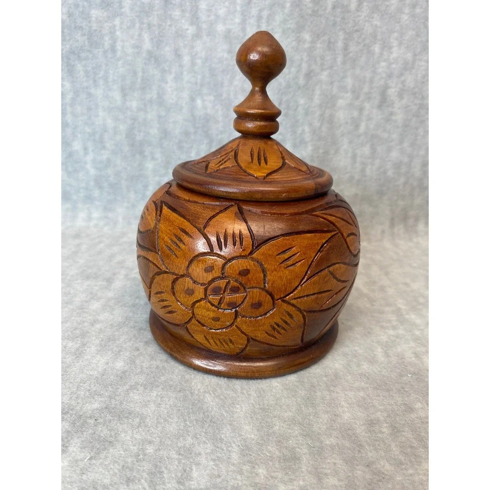 Round Hand Carved Wood Container With Lid‎ Floral Design Decorative Trinket Box